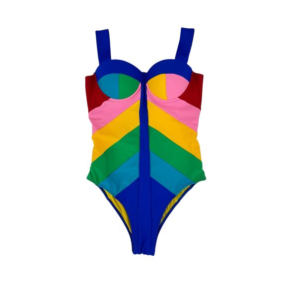 Paper London NWT LangKawi Bold Rainbow Colorblock One Piece Underwire Swimsuit - Picture 8 of 16